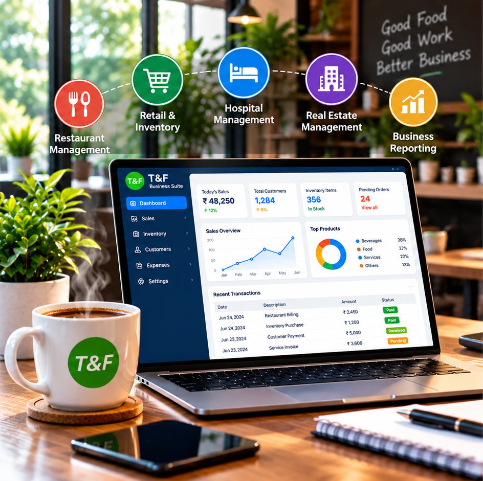 Business management dashboard for restaurant, retail, hospital, and real estate operations