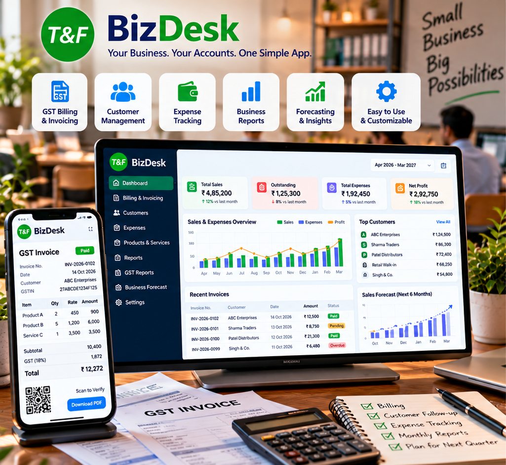 BizDesk billing, accounts, customer, and business reporting dashboard